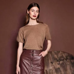 BLUSE M/KORTE ÆRMER I MERINOULD/CASHMERE | LYS BRUN MELANGE