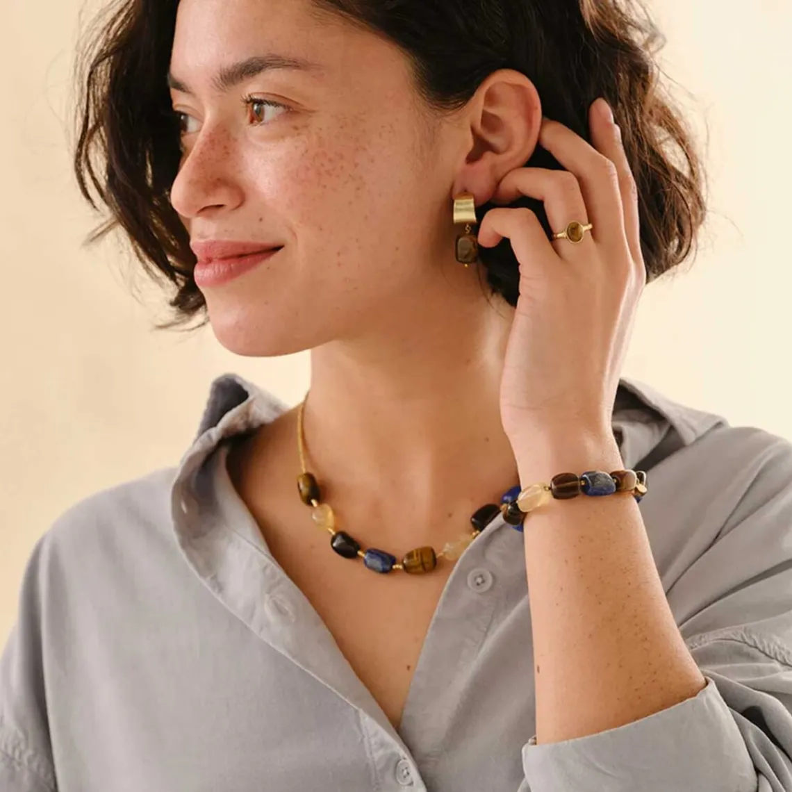 EXCESSIVE HALSKÆDE TIGER EYE LAPIS LAZULI SMOKEY QUARTZ CITRINE NECKLACE